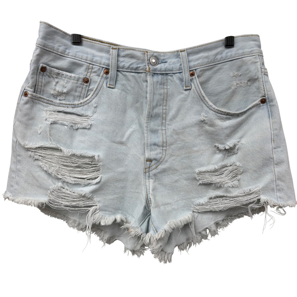 Levis 501 Original High Waisted‎ Distressed Denim Shorts Light Wash Blue W30